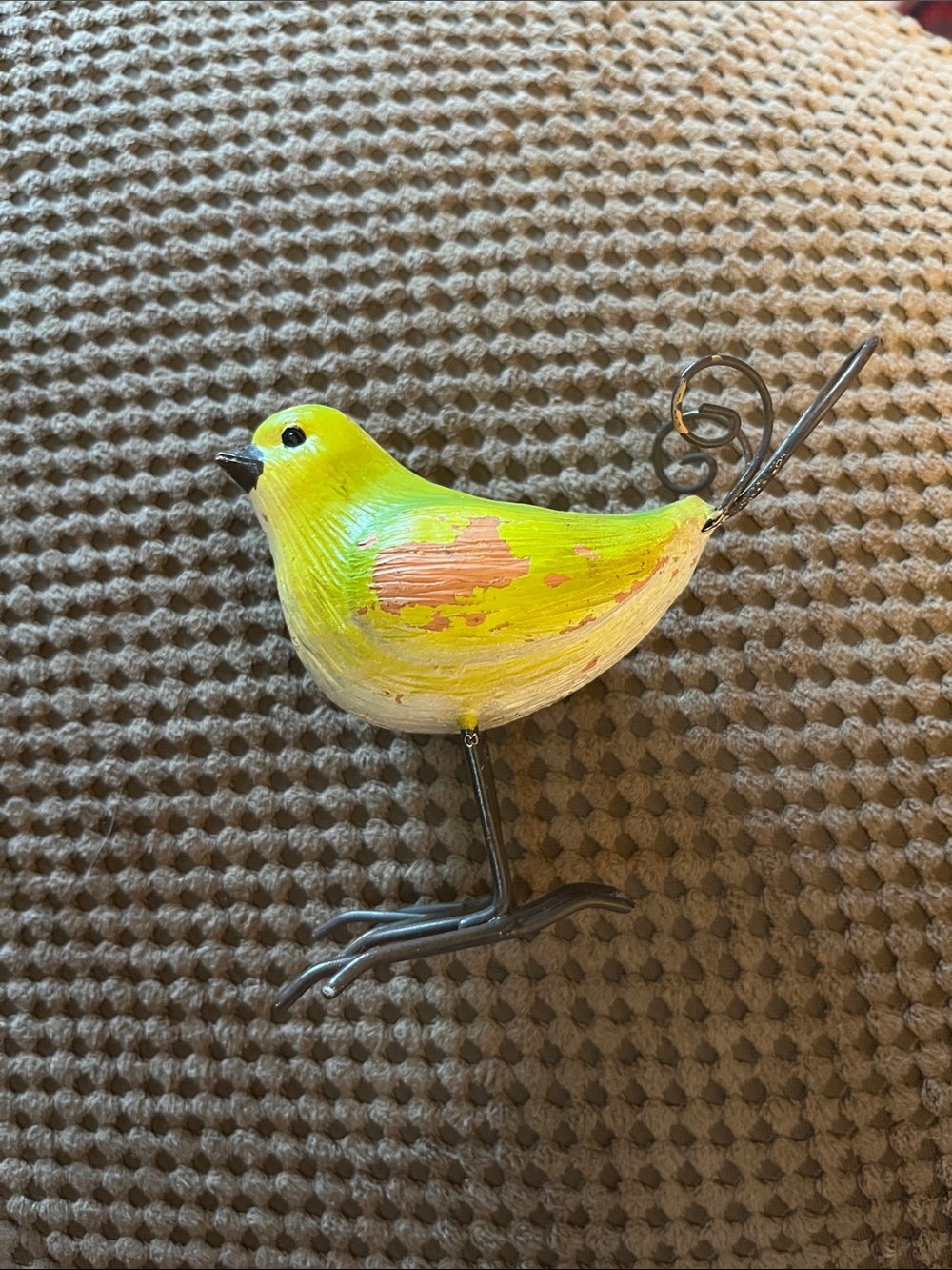 Decorative Yellow Green Garden Bird Figurine with Metal Legs and tail